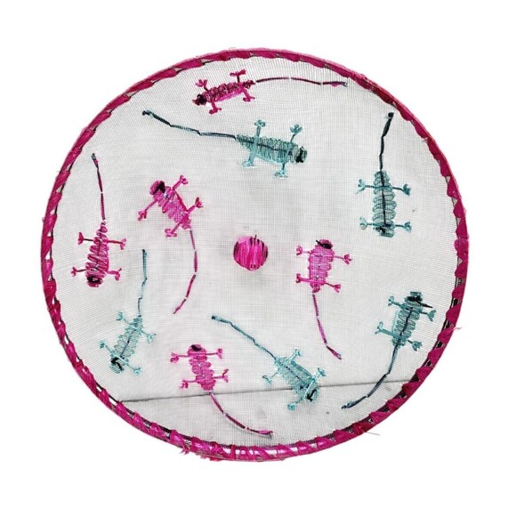 Vintage 60s Pink Domed Embroidered Mesh Raffia Lizards Round Food Cover - Picture 5 of 5